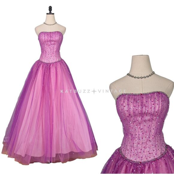 Vintage Prom Dress Maxi Ball Gown 2 Pink Princess Tulle Fairy Glam Purple Sequin - Picture 1 of 16